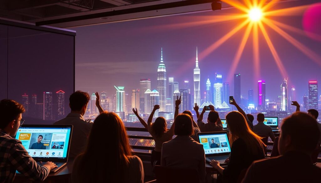 A behind-the-scenes look at the NFT fundraising process. In the foreground, a team of entrepreneurs pitch their innovative startup idea to a panel of potential investors, their laptop screens displaying visuals and project details. In the middle ground, a group of individuals enthusiastically participate in the crowdfunding campaign, eagerly purchasing the limited-edition NFTs. In the background, a futuristic cityscape with towering skyscrapers and a vibrant, neon-lit skyline sets the scene, conveying a sense of technological progress and the untapped potential of blockchain-enabled fundraising. Lighting is dramatic, with warm tones and a cinematic lens flare effect, creating an atmosphere of excitement and anticipation. The overall composition suggests the dynamic and fast-paced nature of the NFT fundraising landscape. A behind-the-scenes look at the NFT fundraising process. In the foreground, a team of entrepreneurs pitch their innovative startup idea to a panel of potential investors, their laptop screens displaying visuals and project details. In the middle ground, a group of individuals enthusiastically participate in the crowdfunding campaign, eagerly purchasing the limited-edition NFTs. In the background, a futuristic cityscape with towering skyscrapers and a vibrant, neon-lit skyline sets the scene, conveying a sense of technological progress and the untapped potential of blockchain-enabled fundraising. Lighting is dramatic, with warm tones and a cinematic lens flare effect, creating an atmosphere of excitement and anticipation. The overall composition suggests the dynamic and fast-paced nature of the NFT fundraising landscape.