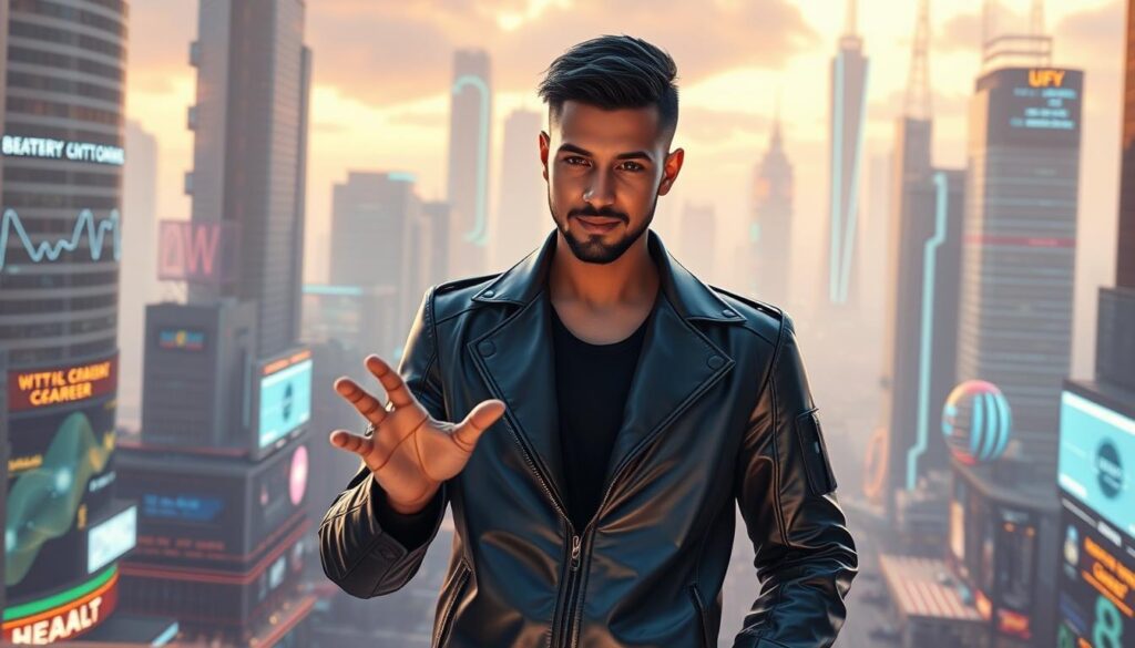 A blockchain developer standing confidently in a metaverse landscape, clad in a sleek, futuristic outfit. The environment is a bustling virtual city, with towering skyscrapers, holographic displays, and a pulsing digital energy. Soft, ambient lighting casts a warm glow, while a volumetric lens creates a sense of depth and immersion. The developer's expression is one of focus and determination, their hands moving with precision as they interact with a holographic user interface. The overall atmosphere conveys the excitement and potential of cutting-edge metaverse careers. A blockchain developer standing confidently in a metaverse landscape, clad in a sleek, futuristic outfit. The environment is a bustling virtual city, with towering skyscrapers, holographic displays, and a pulsing digital energy. Soft, ambient lighting casts a warm glow, while a volumetric lens creates a sense of depth and immersion. The developer's expression is one of focus and determination, their hands moving with precision as they interact with a holographic user interface. The overall atmosphere conveys the excitement and potential of cutting-edge metaverse careers.
