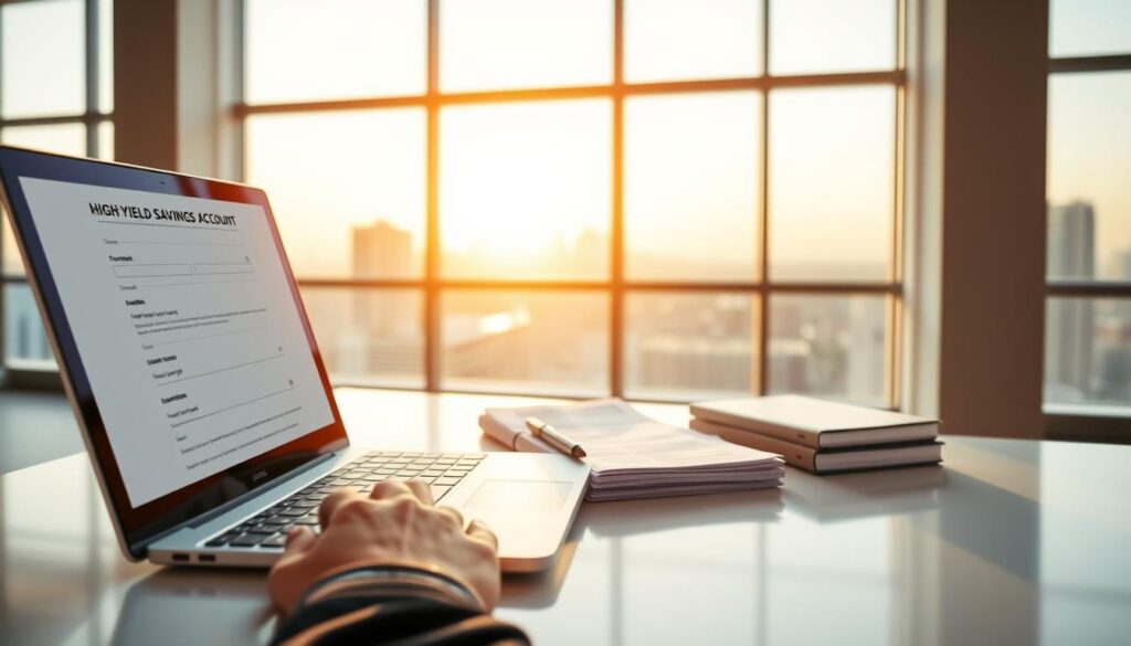 A bright and inviting image of a high-yield savings account opening process. In the foreground, a person's hands are filling out a digital application form on a sleek, modern laptop. The screen displays a simple yet intuitive interface with clear instructions and fields to enter personal and financial details. In the middle ground, a stack of official banking documents and a pen rest on a clean, minimalist desk. Warm, natural lighting filters in through large windows, creating a sense of openness and transparency. The background features a serene, blurred cityscape, hinting at the financial stability and growth potential of the high-yield savings account. The overall mood is one of confidence, efficiency, and a secure financial future. A bright and inviting image of a high-yield savings account opening process. In the foreground, a person's hands are filling out a digital application form on a sleek, modern laptop. The screen displays a simple yet intuitive interface with clear instructions and fields to enter personal and financial details. In the middle ground, a stack of official banking documents and a pen rest on a clean, minimalist desk. Warm, natural lighting filters in through large windows, creating a sense of openness and transparency. The background features a serene, blurred cityscape, hinting at the financial stability and growth potential of the high-yield savings account. The overall mood is one of confidence, efficiency, and a secure financial future.