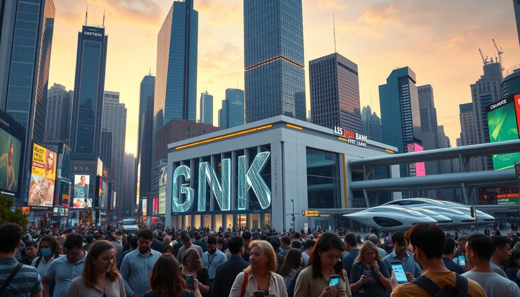 A bustling cityscape at dusk, filled with towering skyscrapers and neon-lit billboards. In the foreground, a diverse crowd of people, each holding a mobile device, engrossed in transactions and digital exchanges. The mid-ground features a sleek, minimalist bank building, its facade adorned with holographic projections showcasing the latest in digital currency technology. In the background, a futuristic transportation hub buzzes with activity, as autonomous vehicles and hovercrafts seamlessly navigate the urban landscape. The scene is bathed in a warm, golden glow, creating an atmosphere of progress, innovation, and the widespread adoption of digital financial systems. A bustling cityscape at dusk, filled with towering skyscrapers and neon-lit billboards. In the foreground, a diverse crowd of people, each holding a mobile device, engrossed in transactions and digital exchanges. The mid-ground features a sleek, minimalist bank building, its facade adorned with holographic projections showcasing the latest in digital currency technology. In the background, a futuristic transportation hub buzzes with activity, as autonomous vehicles and hovercrafts seamlessly navigate the urban landscape. The scene is bathed in a warm, golden glow, creating an atmosphere of progress, innovation, and the widespread adoption of digital financial systems.