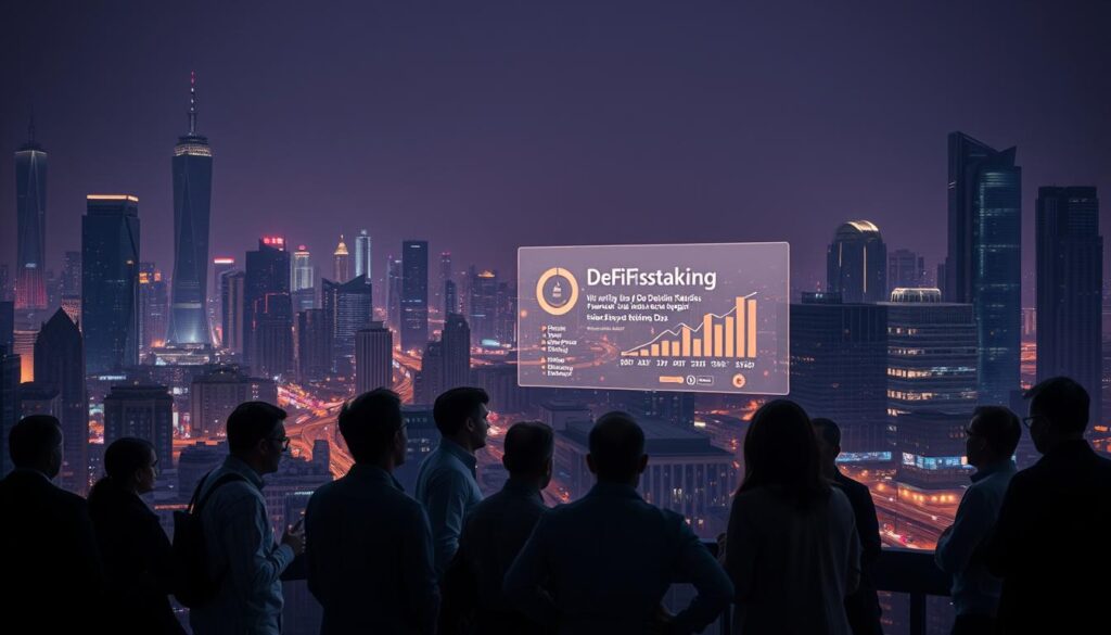 A bustling cityscape at night, the skyline punctuated by the silhouettes of towering skyscrapers. In the foreground, a group of individuals gathered around a holographic display, engrossed in animated discussions about DeFi staking trends. The scene is illuminated by the soft, ambient glow of the hologram, casting a warm and futuristic atmosphere. In the background, the city is alive with the movement of autonomous vehicles and the subtle hum of technology. The lighting is slightly moody, with a touch of neon and a hint of mystery, evoking a sense of innovation and progress in the world of decentralized finance.