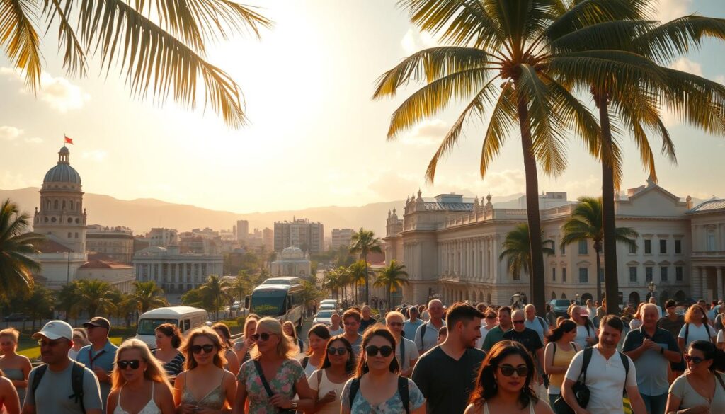 A bustling cityscape of San Juan, Puerto Rico, bathed in warm, golden sunlight. In the foreground, a diverse group of individuals go about their daily lives - locals and transplants alike, embodying the spirit of the island's vibrant community. A lush tropical landscape frames the scene, palm trees swaying gently in the breeze. The architecture is a harmonious blend of Spanish colonial and modern styles, reflecting Puerto Rico's rich cultural heritage. The mood is one of prosperity, opportunity, and the pride of being a bona fide resident of this resilient island.