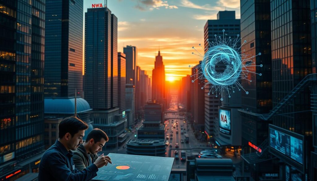 A bustling financial district at dusk, with towering skyscrapers illuminated by the setting sun. In the foreground, a team of financial analysts poring over holographic displays, their expressions intense as they analyze complex data models. In the middle ground, an AI assistant hovers, its algorithms visualized as a swirling vortex of digital information. The background is a symphony of lights, reflections, and the subtle hum of automated trading systems. The scene conveys the seamless integration of generative AI into the heart of modern finance, where cutting-edge technology shapes strategic decision-making and pushes the boundaries of financial innovation.