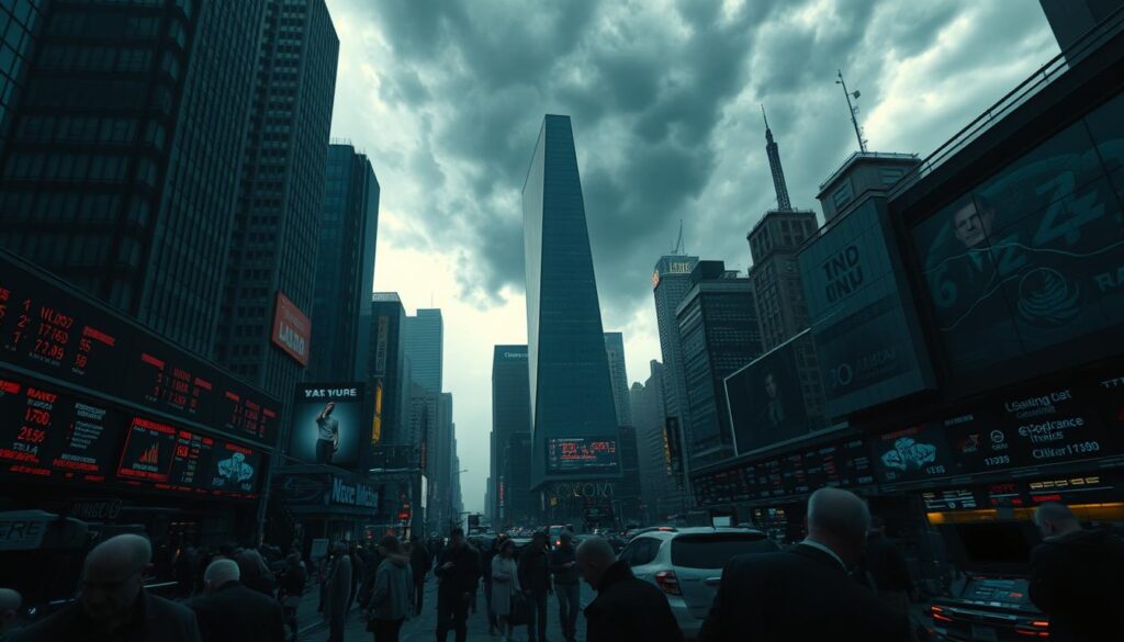 A bustling financial district in a dystopian 2025, with towering skyscrapers casting ominous shadows. In the foreground, a tangled web of stock tickers and financial data streams, flickering ominously. The middle ground features anxious investors huddled around a trading floor, faces etched with concern. The background is dominated by a looming, storm-ravaged sky, hinting at the economic turmoil to come. The scene is illuminated by a harsh, gloomy lighting, creating an atmosphere of uncertainty and impending doom. Cinematic, wide-angle perspective, with a moody, foreboding tone.