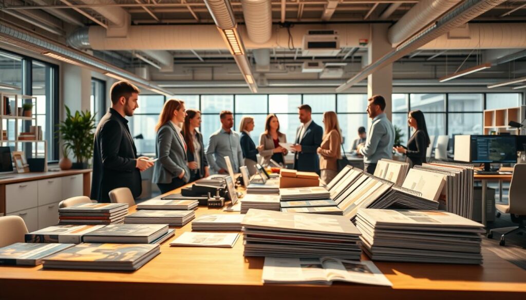 A bustling office space showcasing a diverse array of dropshipping suppliers. In the foreground, neatly organized product samples and catalogs adorn a sleek wooden desk, bathed in warm, directional lighting that casts subtle shadows. The middle ground features several professionals in business attire engaged in animated discussions, their expressions conveying a sense of collaboration and productivity. The background reveals a modern open-plan layout with minimalist decor, large windows allowing natural light to flood the room, and high-tech communication systems facilitating seamless connections between the suppliers and their global network of partners.