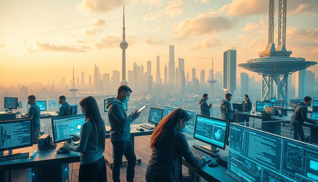 A bustling virtual tech hub, where coders, designers, and engineers collaborate in a futuristic landscape. Holographic displays flicker with lines of code, while augmented reality interfaces seamlessly integrate digital and physical spaces. In the foreground, a team of professionals in sleek cyber attire work together, their movements fluid and efficient as they bring the metaverse to life. The middle ground features advanced virtual tools and command centers, where data streams and simulations unfold. In the background, a towering skyline of gleaming towers and interconnected platforms sets the stage for the technological revolution unfolding before us, bathed in a warm, futuristic glow. A bustling virtual tech hub, where coders, designers, and engineers collaborate in a futuristic landscape. Holographic displays flicker with lines of code, while augmented reality interfaces seamlessly integrate digital and physical spaces. In the foreground, a team of professionals in sleek cyber attire work together, their movements fluid and efficient as they bring the metaverse to life. The middle ground features advanced virtual tools and command centers, where data streams and simulations unfold. In the background, a towering skyline of gleaming towers and interconnected platforms sets the stage for the technological revolution unfolding before us, bathed in a warm, futuristic glow.