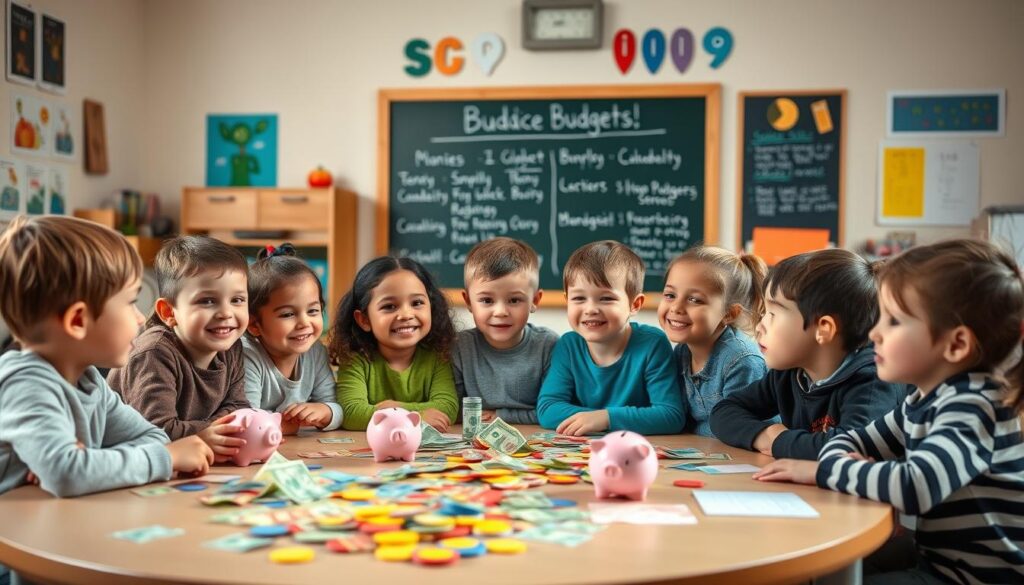 A classroom setting with a teacher guiding a group of eager children around a table, teaching them the basics of budgeting. The teacher's expression is warm and encouraging, while the children's faces are attentive and engaged. In the foreground, colorful play money, piggy banks, and other financial tools are scattered across the table, inviting the kids to interact. The middle ground features a chalkboard or whiteboard filled with simple budgeting concepts and examples. The background showcases a cozy, well-lit room with educational posters and bookshelves, creating a nurturing and educational atmosphere. The lighting is soft and natural, enhancing the sense of learning and discovery. A classroom setting with a teacher guiding a group of eager children around a table, teaching them the basics of budgeting. The teacher's expression is warm and encouraging, while the children's faces are attentive and engaged. In the foreground, colorful play money, piggy banks, and other financial tools are scattered across the table, inviting the kids to interact. The middle ground features a chalkboard or whiteboard filled with simple budgeting concepts and examples. The background showcases a cozy, well-lit room with educational posters and bookshelves, creating a nurturing and educational atmosphere. The lighting is soft and natural, enhancing the sense of learning and discovery.