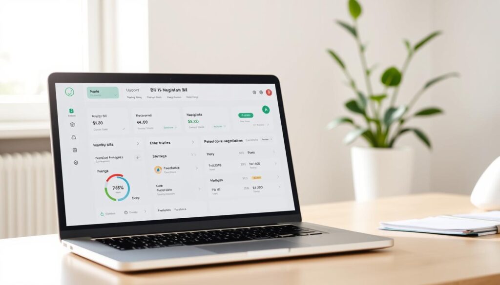 A clean, modern bill negotiation app UI displayed on a laptop screen. In the foreground, an intuitive dashboard with clear visualizations of monthly bills, negotiation progress, and potential savings. The middle ground features a streamlined interface for analyzing bills and initiating negotiations, with a calming pastel color palette. The background depicts a minimalist office setting, with a potted plant and natural lighting coming in through a window, creating a relaxed, productive atmosphere. The overall composition conveys a sense of financial empowerment and stress-free money management. A clean, modern bill negotiation app UI displayed on a laptop screen. In the foreground, an intuitive dashboard with clear visualizations of monthly bills, negotiation progress, and potential savings. The middle ground features a streamlined interface for analyzing bills and initiating negotiations, with a calming pastel color palette. The background depicts a minimalist office setting, with a potted plant and natural lighting coming in through a window, creating a relaxed, productive atmosphere. The overall composition conveys a sense of financial empowerment and stress-free money management.