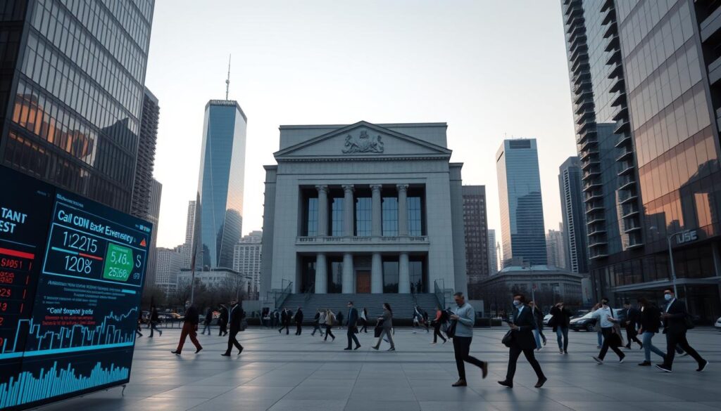 A clean, modern financial hub with a striking central bank building at its heart. The façade is a sleek, geometric design in shades of gray and blue, reflecting the digital nature of the currency it represents. In the foreground, a digital display shows real-time currency exchange rates and transaction flows, while in the middle ground, people move purposefully between sleek office towers, their mobile devices in hand. The background is a cityscape of skyscrapers, their glass and steel facades gleaming in the soft, diffused light of an urban dawn. The overall atmosphere is one of efficiency, innovation, and the power of digital transformation to reshape the financial landscape. A clean, modern financial hub with a striking central bank building at its heart. The façade is a sleek, geometric design in shades of gray and blue, reflecting the digital nature of the currency it represents. In the foreground, a digital display shows real-time currency exchange rates and transaction flows, while in the middle ground, people move purposefully between sleek office towers, their mobile devices in hand. The background is a cityscape of skyscrapers, their glass and steel facades gleaming in the soft, diffused light of an urban dawn. The overall atmosphere is one of efficiency, innovation, and the power of digital transformation to reshape the financial landscape.