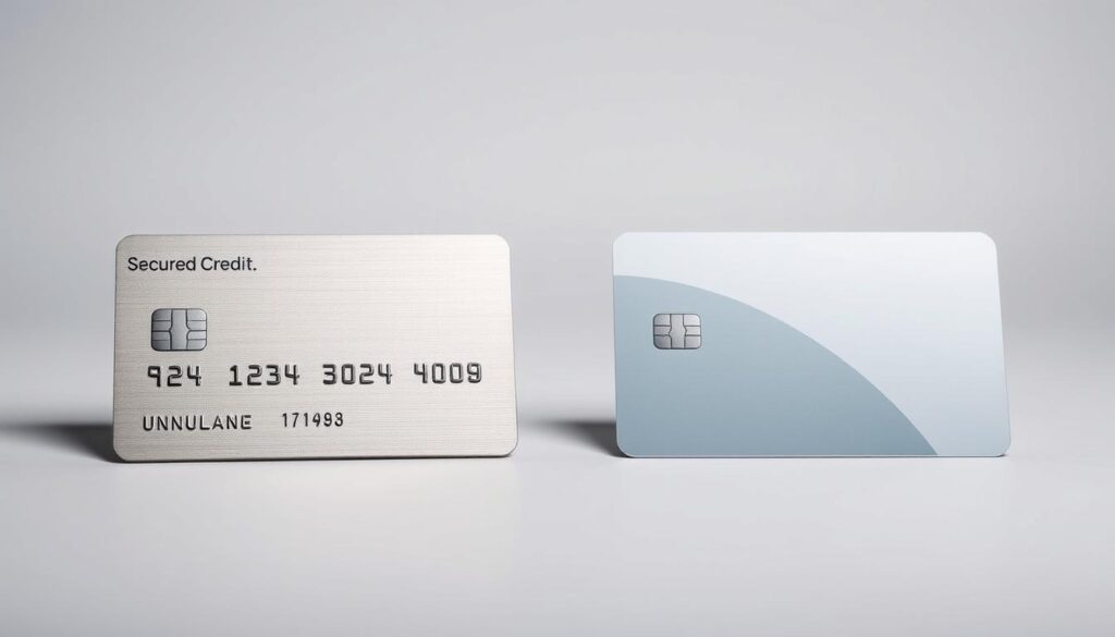 A clean, well-lit studio scene featuring two credit cards side-by-side. The card on the left is a secured credit card, made of sturdy metal with a heavy weight. It has a lock icon and "Secured" text printed on it. The card on the right is an unsecured credit card, made of lighter plastic with a sleek, modern design. Soft, directional lighting illuminates the cards from the side, casting subtle shadows and highlighting their textures. The background is a simple, neutral color that allows the cards to be the focal point. The overall mood is professional, authoritative, and informative, conveying the key differences between secured and unsecured credit cards. A clean, well-lit studio scene featuring two credit cards side-by-side. The card on the left is a secured credit card, made of sturdy metal with a heavy weight. It has a lock icon and "Secured" text printed on it. The card on the right is an unsecured credit card, made of lighter plastic with a sleek, modern design. Soft, directional lighting illuminates the cards from the side, casting subtle shadows and highlighting their textures. The background is a simple, neutral color that allows the cards to be the focal point. The overall mood is professional, authoritative, and informative, conveying the key differences between secured and unsecured credit cards.