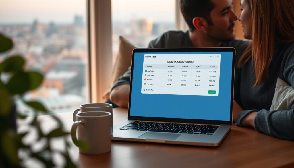 A cozy couple's workspace with a minimalist budgeting app displayed on a sleek, modern laptop. Soft, warm lighting illuminates the scene, casting a gentle glow. In the foreground, a vibrant plant and a pair of stylish coffee mugs add a touch of life and personality. The middle ground features the laptop, its screen showcasing a clean, intuitive interface for tracking expenses and managing shared finances. The background is a serene, blurred cityscape, hinting at the couple's urban lifestyle. The overall atmosphere conveys a sense of harmony, organization, and a shared commitment to financial responsibility. A cozy couple's workspace with a minimalist budgeting app displayed on a sleek, modern laptop. Soft, warm lighting illuminates the scene, casting a gentle glow. In the foreground, a vibrant plant and a pair of stylish coffee mugs add a touch of life and personality. The middle ground features the laptop, its screen showcasing a clean, intuitive interface for tracking expenses and managing shared finances. The background is a serene, blurred cityscape, hinting at the couple's urban lifestyle. The overall atmosphere conveys a sense of harmony, organization, and a shared commitment to financial responsibility.