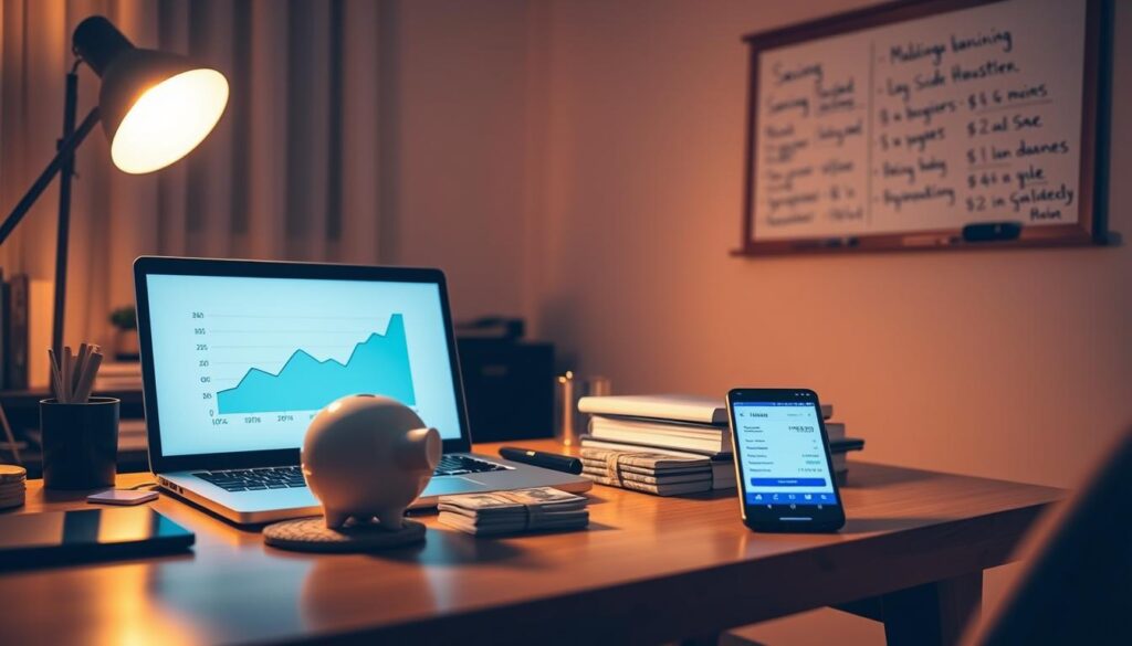 A cozy home office, with a neatly organized desk and a laptop displaying a graph of growing savings. On the desk, a piggy bank, a stack of cash, and a smartphone displaying a mobile banking app. The room is bathed in warm, golden lighting, creating a sense of productivity and financial security. In the background, a wall-mounted whiteboard shows handwritten notes on budgeting and side hustle strategies. The overall mood is one of focus, discipline, and the satisfaction of watching your side hustle-fueled savings grow steadily over time.
