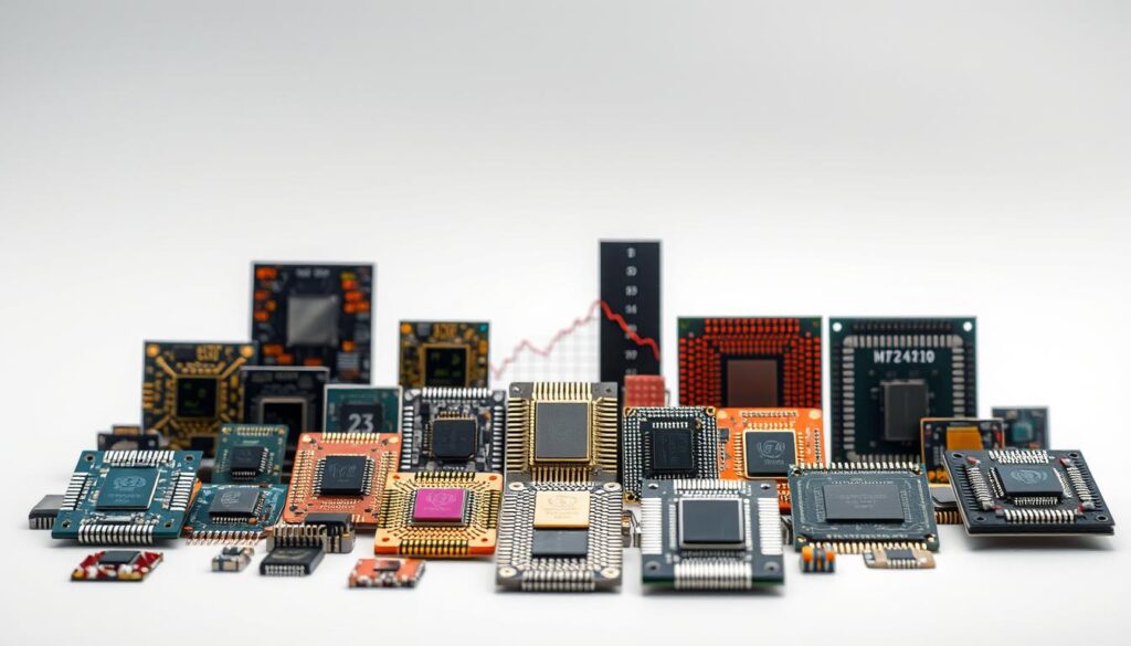 A crisp, high-resolution photograph of a diverse array of semiconductor stocks represented by miniature circuit boards and microchips, strategically arranged against a clean, monochrome background. The foreground showcases vivid, metallic models of leading AI chip manufacturers, their intricate designs reflecting the cutting-edge nature of the industry. The middle ground features a carefully curated selection of stock tickers and financial graphs, conveying the analytical data underlying these investment opportunities. The background subtly hints at the broader technology landscape, with muted wireframe models of emerging AI applications. The overall mood is one of innovation, precision, and the promise of future growth in the AI semiconductor sector.