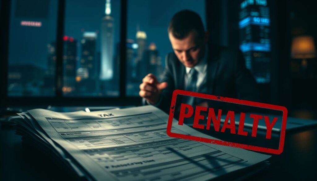 A dark, foreboding office setting. In the foreground, a stack of tax documents adorned with a menacing red "PENALTY" stamp, casting an ominous shadow. In the middle ground, a hand hesitantly reaches towards a laptop, the glow of a cryptocurrency trading app illuminating a troubled expression. The background is a blurred cityscape, its towering skyscrapers and neon lights hinting at the high-stakes world of digital finance. The lighting is harsh, creating deep shadows and a sense of unease. The overall mood is one of dread and apprehension, reflecting the consequences of neglecting crypto tax obligations. A dark, foreboding office setting. In the foreground, a stack of tax documents adorned with a menacing red "PENALTY" stamp, casting an ominous shadow. In the middle ground, a hand hesitantly reaches towards a laptop, the glow of a cryptocurrency trading app illuminating a troubled expression. The background is a blurred cityscape, its towering skyscrapers and neon lights hinting at the high-stakes world of digital finance. The lighting is harsh, creating deep shadows and a sense of unease. The overall mood is one of dread and apprehension, reflecting the consequences of neglecting crypto tax obligations.