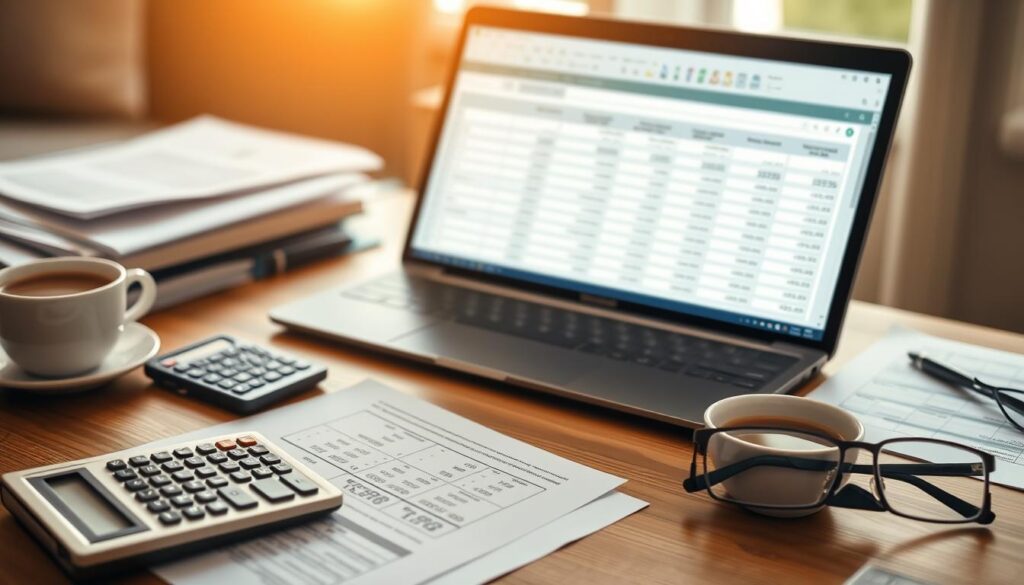 A desktop workspace with a laptop, calculator, and financial documents arranged neatly. Warm, natural lighting casts a soft glow over the scene. The laptop screen displays a spreadsheet with retirement expense calculations. Nearby, a pen, a cup of coffee, and reading glasses suggest deep contemplation. The background is blurred, but hints at a comfortable home office environment. The overall atmosphere conveys a sense of focused, analytical diligence in planning for financial independence.