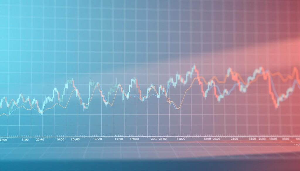 A detailed, data-driven visualization of stock prices displayed through a series of moving averages. The foreground features a sleek, minimalist line graph showing the fluctuations of multiple stock tickers, each represented by a distinct colored line. The middle ground showcases the moving average curves, smoothing out the volatile price movements and revealing underlying trends. The background has a subtle grid pattern, lending an analytical, technical feel. Soft, directional lighting casts gentle shadows, emphasizing the depth and dimensionality of the data visualization. The overall mood is one of financial insight and data-driven decision making, presenting a clear, uncluttered view of stock market dynamics.