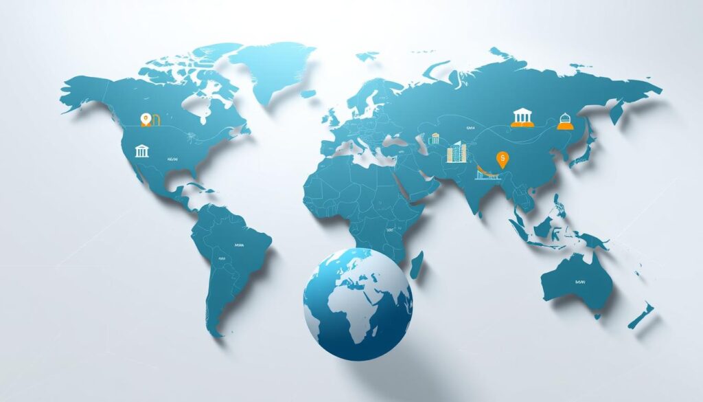 A detailed map of the world showcasing the regional banking coverage, with a clean and modern aesthetic. The foreground features a stylized globe with continents and oceans, surrounded by financial icons and symbols. The middle ground depicts various banking hubs and financial centers, represented by skyscrapers and city skylines, each with a unique color scheme. The background sets a serene, minimalist tone with soft gradients and geometric patterns, creating a sense of balance and harmony. The lighting is soft and diffused, casting subtle shadows to add depth and dimensionality. The overall composition conveys a comprehensive, yet visually appealing representation of global banking accessibility and geographic reach.