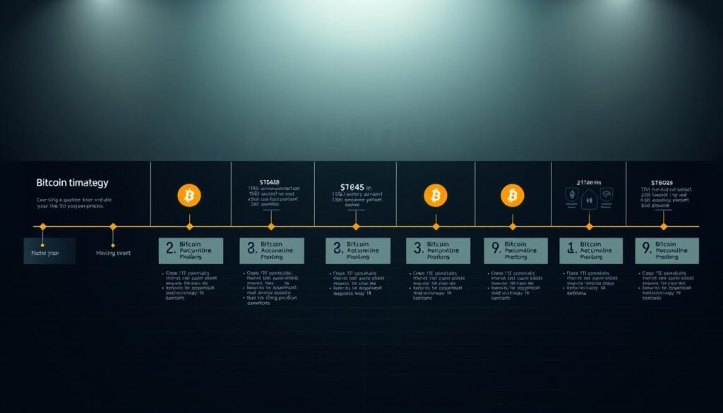 A detailed timeline depicting the Bitcoin accumulation strategy over a multi-year period. The foreground showcases a series of key milestones, such as the Bitcoin halving event, price fluctuations, and accumulation periods. The middle ground features a sleek, minimalist infographic style layout, with clean iconography and data visualizations. The background maintains a muted, technological aesthetic, with a subtle grid pattern and a hint of a futuristic cityscape. Lighting is soft and focused, creating depth and emphasizing the timeline elements. The overall mood is one of strategic planning, financial prudence, and long-term wealth building.