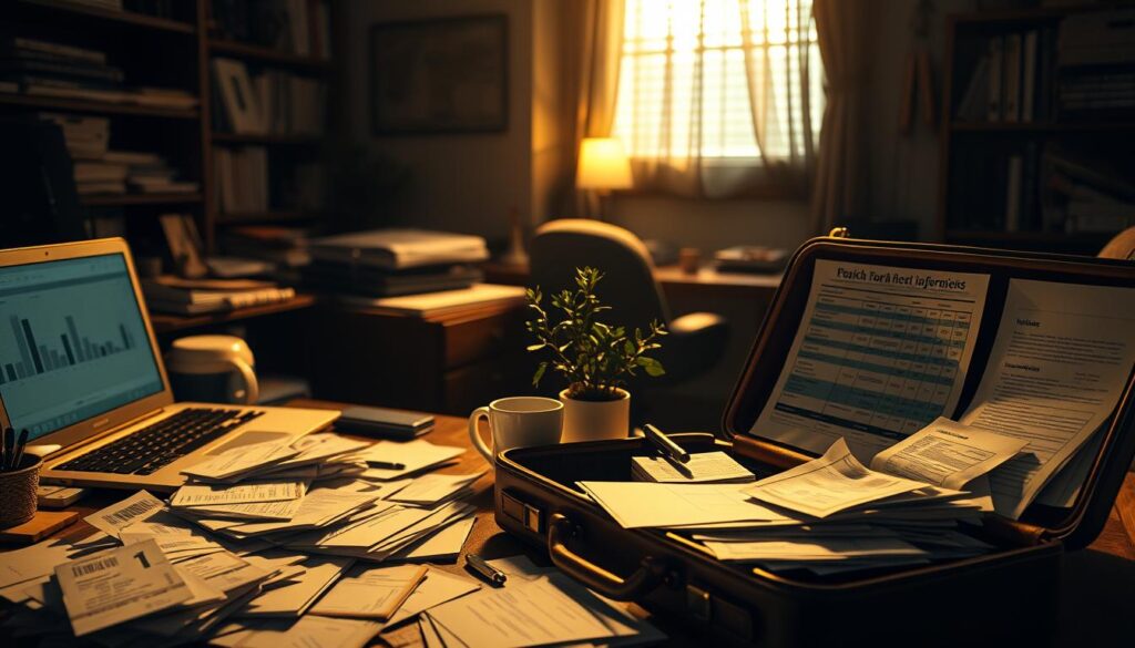 A dimly lit home office, cluttered with piles of receipts, invoices, and a laptop displaying spreadsheets. In the foreground, a worn leather briefcase sits open, revealing a jumble of business cards, pens, and mysterious envelopes. The middle ground features a small potted plant and a mug of lukewarm coffee, hinting at the long hours spent in this space. The background is hazy, with shelves filled with books and office supplies, casting long shadows that create a moody, introspective atmosphere. Warm, golden light filters in through a partially closed window, casting a soft glow over the scene, suggesting the hidden expenses and deductions that remote workers may uncover.