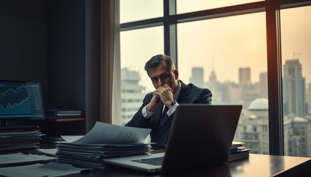 A dimly lit office scene, with a bank executive seated at a desk, surrounded by stacks of regulatory documents and a laptop displaying complex financial data. The executive appears deep in thought, a pensive expression on their face, as they grapple with the intricate web of banking regulations and compliance challenges. In the background, a window offers a glimpse of the bustling cityscape, a stark contrast to the introspective mood within the office. Soft, warm lighting casts a contemplative atmosphere, highlighting the gravitas of the regulatory burdens faced by the banking industry. The image conveys the complexities and frustrations associated with navigating the evolving regulatory landscape in the pursuit of technological innovation and AI-driven banking solutions.