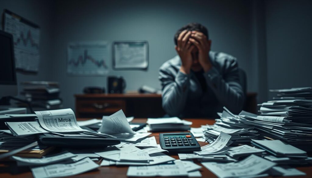 A dimly lit office scene, with a desk in the foreground covered in stacks of bills, discarded receipts, and a calculator displaying a worrying total. In the middle ground, a person sits hunched over, hands clutching their head in frustration. The background is hazy, with a few faint financial charts and graphs visible on the walls, suggesting the overwhelming nature of the debt situation. The lighting is harsh, creating dramatic shadows and a sense of anxiety. The lens is slightly angled, giving the viewer a sense of being drawn into the scene. The overall mood is one of despair and hopelessness, highlighting the common mistakes made during the debt payoff journey.
