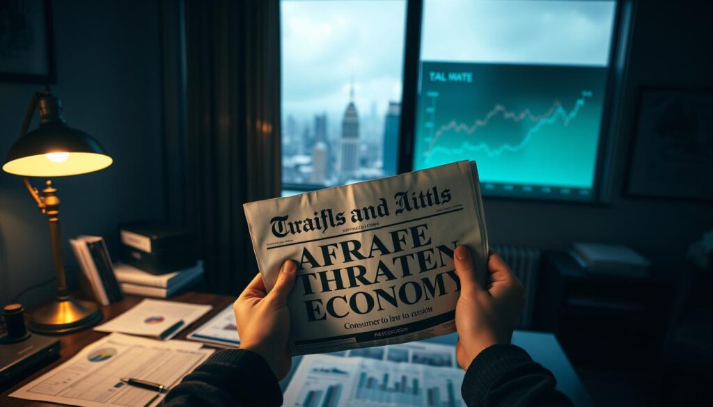 Una oficina con poca luz, con una lámpara de escritorio que proyecta una cálida luz sobre documentos y gráficos financieros. En primer plano, una persona sostiene en sus manos un titular de periódico que dice "Aranceles e inflación amenazan la economía". Detrás, una pared muestra un gráfico que muestra el aumento del precio de los bienes de consumo. Al fondo, una ventana da a un paisaje urbano sombrío, insinuando la incertidumbre económica que se avecina. La atmósfera general evoca preocupación y aprensión, reflejando la amenaza de una recesión inminente. Una oficina con poca luz, con una lámpara de escritorio que proyecta una cálida luz sobre documentos y gráficos financieros. En primer plano, una persona sostiene en sus manos un titular de periódico que dice "Aranceles e inflación amenazan la economía". Detrás, una pared muestra un gráfico que muestra el aumento del precio de los bienes de consumo. Al fondo, una ventana da a un paisaje urbano sombrío, insinuando la incertidumbre económica que se avecina. La atmósfera general evoca preocupación y aprensión, reflejando la amenaza de una recesión inminente.
