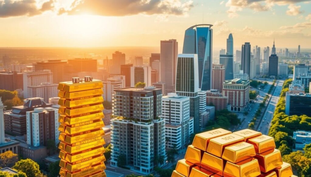 A dynamic cityscape bathed in warm, golden light, showcasing a diverse array of inflation-proof investment strategies for 2025. In the foreground, a towering stack of gold bars, shimmering under the sun's rays, symbolizing the enduring value of precious metals. In the middle ground, a thriving real estate development, its modern architecture and lush greenery representing the stability of property investments. In the background, a bustling financial district, its soaring skyscrapers and busy streets conveying the resilience of the global economy. The scene is imbued with a sense of optimism and confidence, reflecting the viewer's ability to navigate the challenges of inflation and secure their financial future.