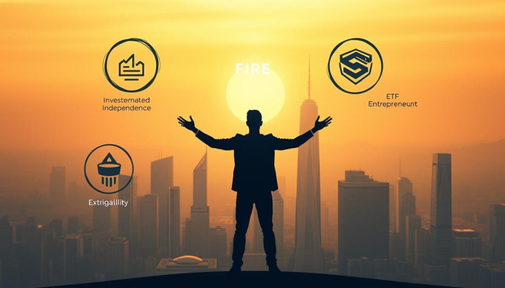A dynamic scene depicting the core principles of financial independence in a modern, minimalist style. In the foreground, a central figure stands tall, hands outstretched, exuding confidence and determination. The figure is surrounded by abstract geometric shapes and patterns, symbolizing the key pillars of the FIRE movement - Frugality, Investment, Retirement, and Entrepreneurship. In the middle ground, a striking cityscape with sleek high-rises and cutting-edge architecture, representing the potential of early retirement through strategic crypto and ETF investments. The background features a warm, golden-hued sky, conveying a sense of boundless opportunities and a future filled with financial freedom. Crisp, high-contrast lighting and a clean, sophisticated color palette evoke a mood of progress, prosperity, and personal empowerment.