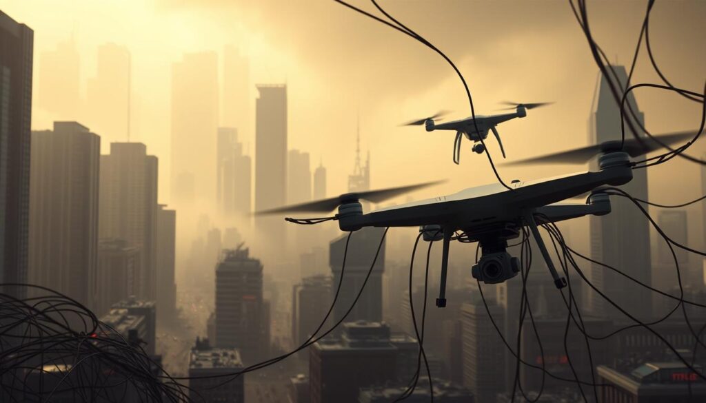 A dystopian cityscape shrouded in uncertainty, with towering skyscrapers casting ominous shadows. In the foreground, a tangled web of interconnected cables and circuits symbolize the complex and precarious nature of AI regulation. The middle ground features a hovering drone, its mechanical gaze scrutinizing the bustling streets below, hinting at the surveillance and control that unchecked AI could impose. The background is a hazy, ominous sky, tinged with the eerie glow of an uncertain future, where the risks of AI technology loom large. The overall mood is one of unease and foreboding, reflecting the challenges and dangers that the regulation of AI must address. A dystopian cityscape shrouded in uncertainty, with towering skyscrapers casting ominous shadows. In the foreground, a tangled web of interconnected cables and circuits symbolize the complex and precarious nature of AI regulation. The middle ground features a hovering drone, its mechanical gaze scrutinizing the bustling streets below, hinting at the surveillance and control that unchecked AI could impose. The background is a hazy, ominous sky, tinged with the eerie glow of an uncertain future, where the risks of AI technology loom large. The overall mood is one of unease and foreboding, reflecting the challenges and dangers that the regulation of AI must address.