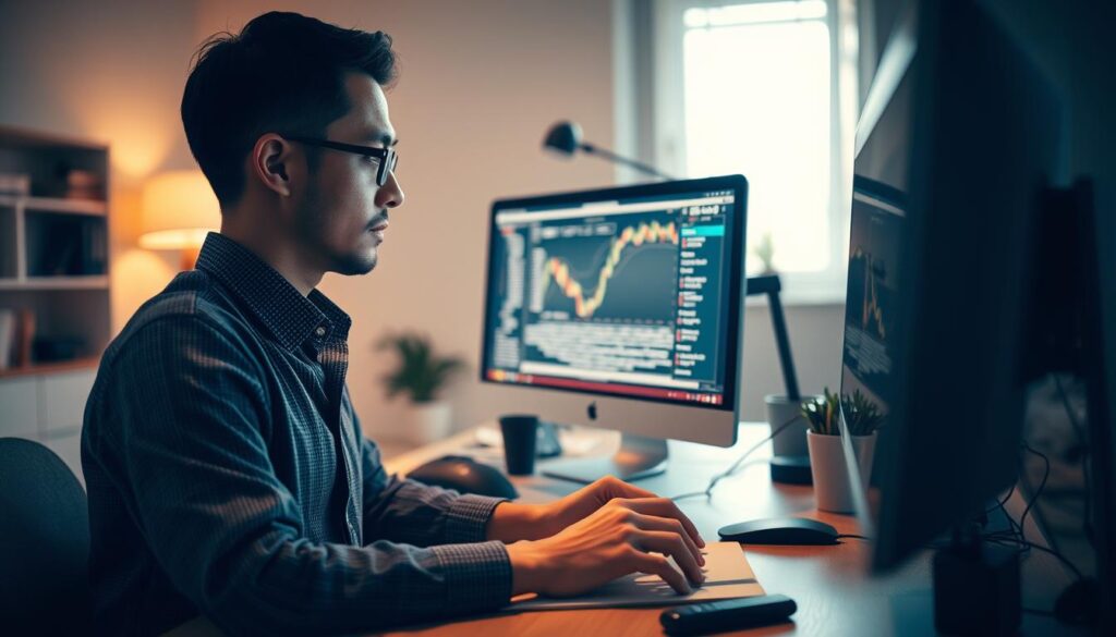 A financial report showcasing the intricacies of prompt engineering, illuminated by warm, diffused lighting and captured through a wide-angle lens. In the foreground, a financial analyst diligently crafts a prompt, meticulously selecting words to generate a visually compelling image that captures the essence of their subject. The middle ground features a computer screen displaying the generated image, its details reflecting the analyst's expertise. In the background, a serene office setting with minimalist decor, emphasizing the focus and concentration required for successful prompt engineering within the financial domain.