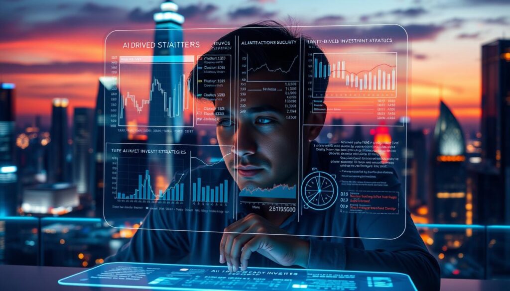 A futuristic cityscape at dusk, towering skyscrapers illuminated by a vibrant, neon-tinged skyline. In the foreground, a sleek, holographic interface hovers above a desk, displaying intricate financial data and AI-driven investment strategies. A person sits thoughtfully, their face partially obscured by the glow of the display, their expression a mixture of concentration and confidence. The scene evokes a sense of technological sophistication, financial security, and a future where AI seamlessly integrates with personal finance management.