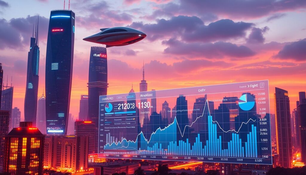 A futuristic cityscape bathed in a warm, vibrant glow. Towering skyscrapers with sleek, holographic interfaces and floating transportation pods glide silently through the air. In the foreground, a data visualization dashboard showcases sophisticated budgeting analytics, with dynamic charts and graphs reflecting real-time financial trends. Cutting-edge AI algorithms process vast amounts of data, optimizing resource allocation and forecasting future budgetary needs with uncanny precision. The scene conveys a sense of technological advancement, efficiency, and a glimpse into the streamlined, data-driven world of AI-powered budgeting tools of the future.