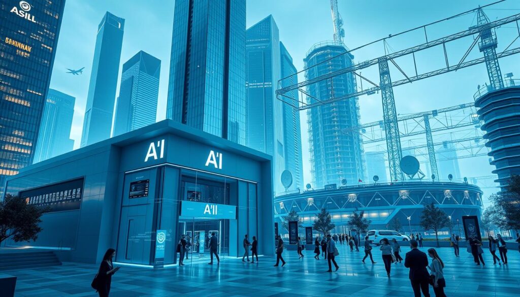 A futuristic cityscape with towering skyscrapers and gleaming glass facades. In the foreground, a sleek, minimalist bank building with clean lines and a prominent AI logo. Holographic displays and virtual tellers interact with customers in the lobby, showcasing the seamless integration of banking and AI technology. The middle ground features a bustling pedestrian plaza, with people using mobile devices and interacting with automated financial services. In the background, a network of interconnected data centers and satellite dishes, symbolizing the digital infrastructure that powers the AI-driven banking revolution. The scene is bathed in a cool, blue-tinted lighting, creating a sense of technological sophistication and innovation.