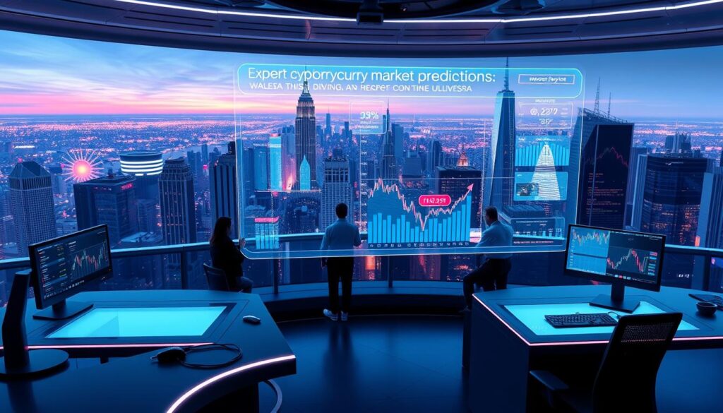 A futuristic digital landscape with a holographic display showcasing expert cryptocurrency market predictions. In the foreground, a sleek, minimalist desk with advanced computer terminals and data visualization screens. The middle ground features a team of analysts in professional attire, intently studying the data. In the background, a panoramic view of a bustling financial district, with towering skyscrapers and a vibrant, neon-lit cityscape. Lighting is dramatic, with a cool, cyberpunk-inspired color palette. The overall atmosphere conveys a sense of innovation, precision, and the high-stakes world of cryptocurrency investment.