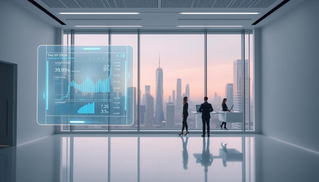 A futuristic quantum stocks brokerage platform, with a sleek, holographic user interface floating in a minimalist, monochromatic office space. Soft, ambient lighting bathes the scene, creating a serene, tech-forward atmosphere. In the foreground, a transparent display panel showcases real-time stock data and trading statistics, while in the middle ground, a team of analysts in crisp, modern attire collaborate at floating workstations. The background features a panoramic window overlooking a cityscape of towering skyscrapers, hinting at the global reach and cutting-edge nature of this quantum-powered investment platform.