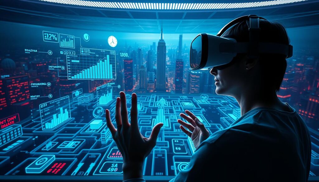 A futuristic virtual reality environment showcasing the challenges of financial education. In the foreground, a person in a VR headset navigates a complex, data-rich 3D interface, their hands gesturing as they interact with holographic stock charts and graphs. The middle ground features a maze-like network of virtual financial instruments and investment tools, creating a sense of overwhelming complexity. In the background, a vast cityscape of skyscrapers and digital infrastructure represents the interconnected global economy. Dramatic lighting and moody, saturated colors establish a sense of immersion and the weight of financial decisions. The overall scene conveys the difficulties of translating complex financial concepts into an engaging and accessible VR experience. A futuristic virtual reality environment showcasing the challenges of financial education. In the foreground, a person in a VR headset navigates a complex, data-rich 3D interface, their hands gesturing as they interact with holographic stock charts and graphs. The middle ground features a maze-like network of virtual financial instruments and investment tools, creating a sense of overwhelming complexity. In the background, a vast cityscape of skyscrapers and digital infrastructure represents the interconnected global economy. Dramatic lighting and moody, saturated colors establish a sense of immersion and the weight of financial decisions. The overall scene conveys the difficulties of translating complex financial concepts into an engaging and accessible VR experience.
