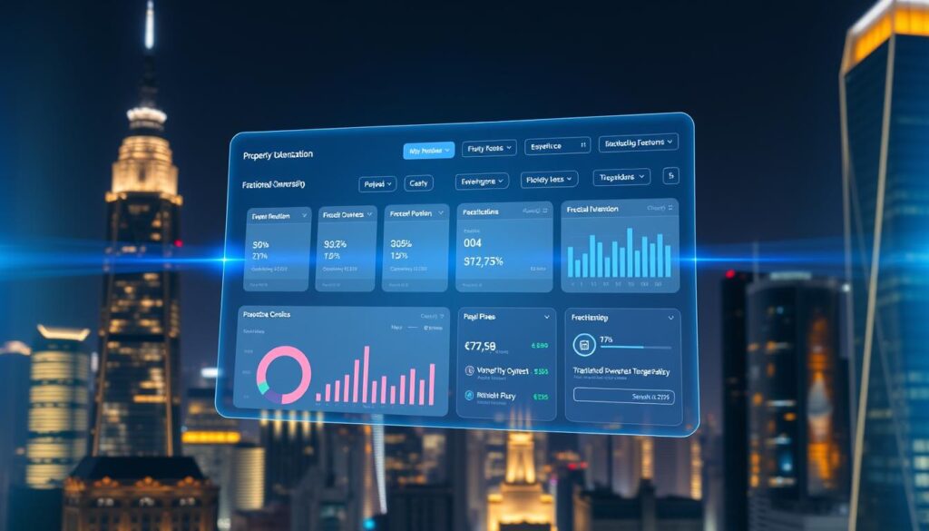 A glowing cityscape at night, with skyscrapers and modern architecture in the background. In the foreground, a holographic display showcases a fractional real estate investment dashboard, with detailed information on property tokenization, fractionalized ownership, and blockchain-powered transactions. The interface features sleek, minimalist design elements and responsive data visualizations. The image conveys a sense of technological innovation, financial empowerment, and the future of decentralized real estate investing. A glowing cityscape at night, with skyscrapers and modern architecture in the background. In the foreground, a holographic display showcases a fractional real estate investment dashboard, with detailed information on property tokenization, fractionalized ownership, and blockchain-powered transactions. The interface features sleek, minimalist design elements and responsive data visualizations. The image conveys a sense of technological innovation, financial empowerment, and the future of decentralized real estate investing.