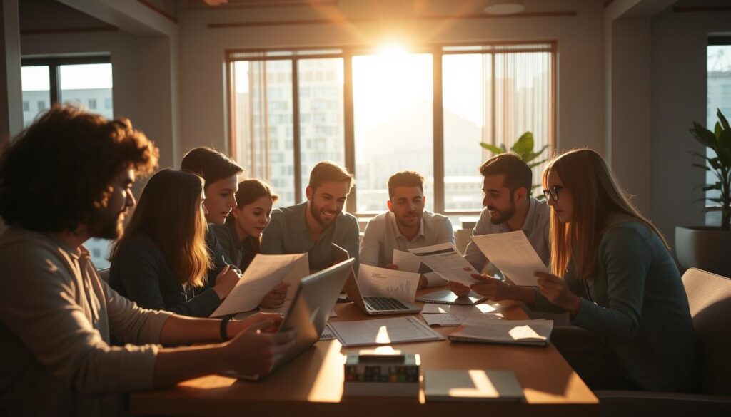 A group of young, tech-savvy digital nomads gathered around a table, laptops open, papers spread out, deep in discussion about global tax planning. The scene is bathed in warm, golden light from a large window, creating a cozy, yet focused atmosphere. In the foreground, a trio of individuals intently reviewing financial documents, while in the middle ground, others are engaged in animated conversation. The background features a modern, minimalist workspace with sleek furniture and hints of greenery, reflecting the blend of work and lifestyle that defines the digital nomad experience.