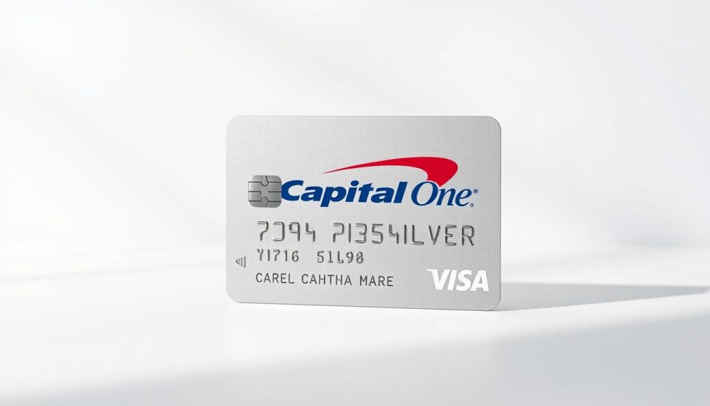 A high-resolution, photorealistic image of the Capital One Quicksilver Secured Cash Rewards credit card, captured against a clean white background with soft, diffused lighting. The card appears in the center of the frame, its metallic silver surface glistening, with the iconic Capital One logo prominently displayed. The card's details, such as the chip, magnetic strip, and embossed text, are rendered with precise accuracy. The scene conveys a sense of simplicity and sophistication, highlighting the card's key features and design elements. A high-resolution, photorealistic image of the Capital One Quicksilver Secured Cash Rewards credit card, captured against a clean white background with soft, diffused lighting. The card appears in the center of the frame, its metallic silver surface glistening, with the iconic Capital One logo prominently displayed. The card's details, such as the chip, magnetic strip, and embossed text, are rendered with precise accuracy. The scene conveys a sense of simplicity and sophistication, highlighting the card's key features and design elements.