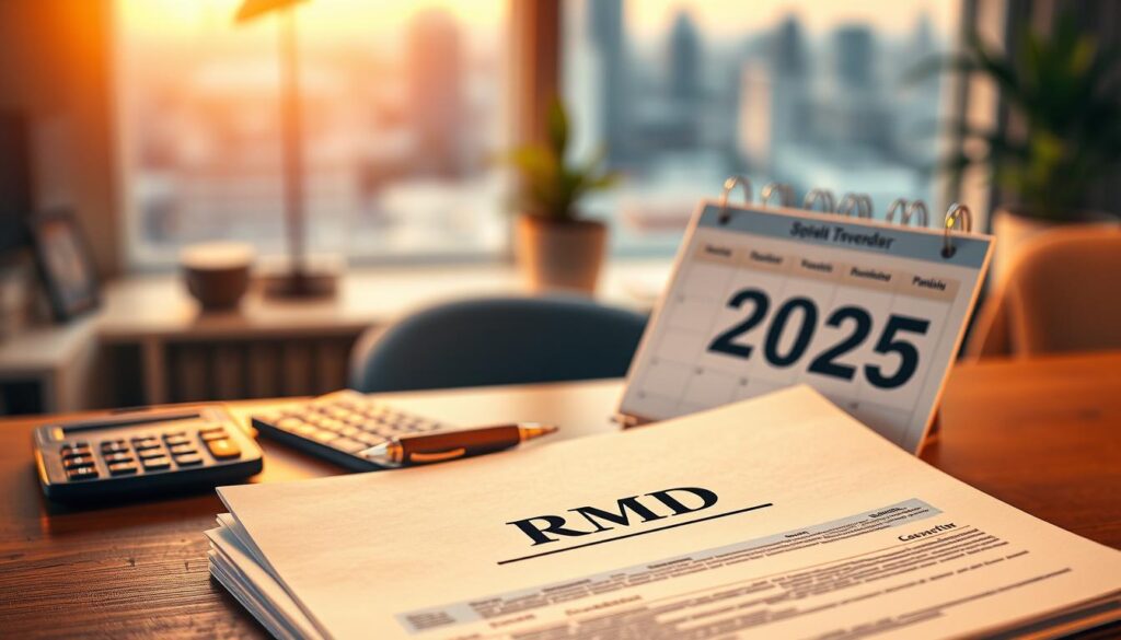 A high-resolution, photorealistic image of the "Required Minimum Distributions (RMDs) in 2025". In the foreground, a stack of financial documents with "RMD" prominently displayed, illuminated by warm, focused lighting. In the middle ground, a calculator, a pen, and a calendar open to the year 2025. In the background, a blurred office setting with a wooden desk, a potted plant, and a window overlooking a cityscape. The overall atmosphere conveys a sense of financial planning, attention to detail, and the importance of understanding retirement account regulations.