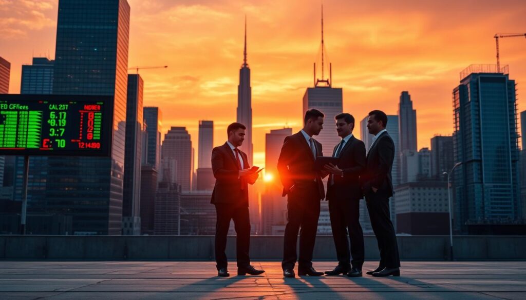 Un paisaje urbano de gran altura al atardecer, con sus siluetas recortadas contra un cielo naranja vibrante. En primer plano, un grupo de empresarios de traje se mantiene firme, discutiendo estrategias financieras en una tableta. La iluminación es dramática, proyectando largas sombras y resaltando la determinación en sus rostros. En segundo plano, una pantalla de cotización bursátil muestra datos en verde y rojo, reflejando la volatilidad del mercado. Sutiles indicios de turbulencia económica, como un pavimento agrietado o una señal de tráfico desgastada, añaden una sensación de resiliencia y preparación. El ambiente general es de planificación estratégica, adaptabilidad y firme determinación para afrontar tiempos inciertos. Un paisaje urbano de gran altura al atardecer, con sus siluetas recortadas contra un cielo naranja vibrante. En primer plano, un grupo de empresarios de traje se mantiene firme, discutiendo estrategias financieras en una tableta. La iluminación es dramática, proyectando largas sombras y resaltando la determinación en sus rostros. En segundo plano, una pantalla de cotización bursátil muestra datos en verde y rojo, reflejando la volatilidad del mercado. Sutiles indicios de turbulencia económica, como un pavimento agrietado o una señal de tráfico desgastada, añaden una sensación de resiliencia y preparación. El ambiente general es de planificación estratégica, adaptabilidad y firme determinación para afrontar tiempos inciertos.