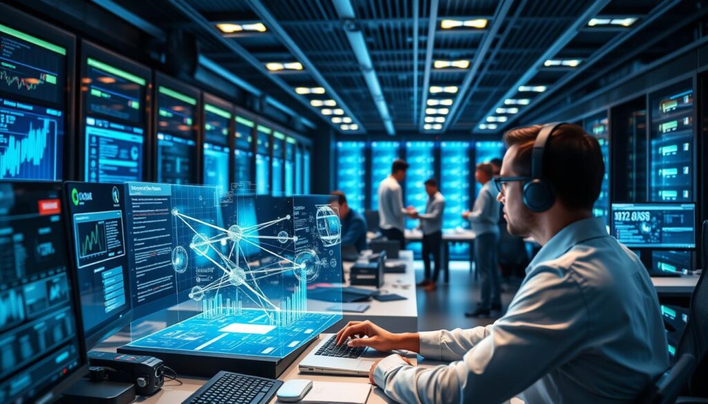 A high-tech financial office with a focus on machine learning. Sleek, modern desks and workstations with multiple screens displaying complex data visualizations and algorithms. In the foreground, a data scientist or finance analyst intently studying a machine learning model, surrounded by a holographic display showcasing insights. In the middle ground, other team members collaborating, discussing strategies and making decisions aided by AI-powered analytics. The background is filled with the rhythmic glow of server racks and ambient blue-tinted lighting, creating a sense of futuristic, data-driven finance. The overall atmosphere is one of innovation, precision, and the powerful synergy between finance and cutting-edge machine learning technology.