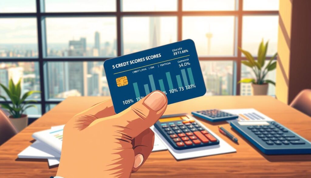 A highly detailed and realistic illustration depicting five credit score mistakes. In the foreground, a person's hand holds a credit card, showcasing a credit utilization ratio dashboard with clear percentages and indicators. The middle ground features financial documents, calculator, and analytical charts, all rendered in a clean, professional style. The background depicts a modern office setting with a window overlooking a cityscape, bathed in warm, natural lighting. The overall scene conveys a sense of financial expertise and practical guidance, perfectly suited to illustrate the section on common credit score errors. A highly detailed and realistic illustration depicting five credit score mistakes. In the foreground, a person's hand holds a credit card, showcasing a credit utilization ratio dashboard with clear percentages and indicators. The middle ground features financial documents, calculator, and analytical charts, all rendered in a clean, professional style. The background depicts a modern office setting with a window overlooking a cityscape, bathed in warm, natural lighting. The overall scene conveys a sense of financial expertise and practical guidance, perfectly suited to illustrate the section on common credit score errors.