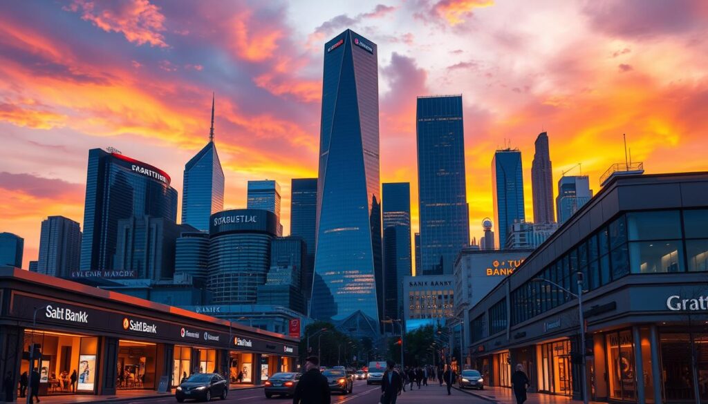 A large city skyline at dusk, with towering skyscrapers representing the banking and financial system. The foreground features a busy urban street lined with sleek, modern bank branches and financial institutions, their facades illuminated by warm lighting. In the middle ground, the silhouettes of people hurry along the sidewalks, reflecting the fast-paced nature of the industry. The background is dominated by a dramatic, colorful sunset sky, casting a golden glow over the entire scene. The overall atmosphere conveys a sense of power, wealth, and technological advancement, hinting at the significant role of the banking and financial sector in the modern economy. A large city skyline at dusk, with towering skyscrapers representing the banking and financial system. The foreground features a busy urban street lined with sleek, modern bank branches and financial institutions, their facades illuminated by warm lighting. In the middle ground, the silhouettes of people hurry along the sidewalks, reflecting the fast-paced nature of the industry. The background is dominated by a dramatic, colorful sunset sky, casting a golden glow over the entire scene. The overall atmosphere conveys a sense of power, wealth, and technological advancement, hinting at the significant role of the banking and financial sector in the modern economy.