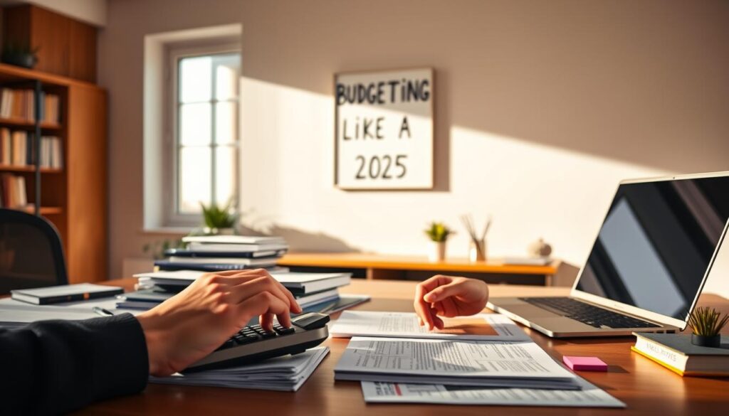 A meticulously organized desk, bathed in warm, natural light filtering through large windows. On the surface, a carefully curated collection of financial documents, a sleek laptop, and a stack of colorful sticky notes. In the foreground, a person's hands deftly manipulating a calculator, deep in concentration as they navigate the intricate web of debt repayment strategies. The background features a minimalist, motivational wall art piece that reads "Debt-Free in 2025". The overall atmosphere exudes a sense of focus, determination, and a touch of optimism, capturing the essence of "Budgeting Like a Pro: Tactics That Worked for All Three".