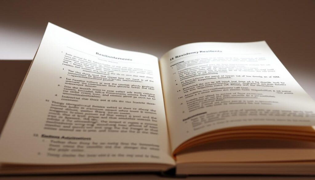 A meticulously organized document with clearly defined sections, its pages highlighting the residency requirements in a formal yet approachable manner. The lighting is soft and diffused, casting a professional glow over the crisp, off-white paper. The camera angle is slightly elevated, creating a sense of authority and importance. The background is a neutral, muted tone, allowing the document to be the central focus. The overall mood is one of clarity, attention to detail, and a commitment to providing comprehensive information to the reader.