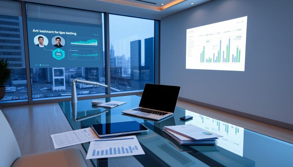 A modern and minimalist office interior with a sleek glass desk and a large window overlooking a cityscape. On the desk, a laptop, a tablet, and various financial documents are neatly arranged, indicating the use of digital tools for financial management. The lighting is soft and indirect, creating a serene and productive atmosphere. In the background, a virtual assistant or AI-powered budgeting software is projected on the wall, showcasing its intuitive interface and analytical capabilities. The scene conveys a sense of efficiency, automation, and effortless financial control.