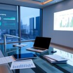 A modern and minimalist office interior with a sleek glass desk and a large window overlooking a cityscape. On the desk, a laptop, a tablet, and various financial documents are neatly arranged, indicating the use of digital tools for financial management. The lighting is soft and indirect, creating a serene and productive atmosphere. In the background, a virtual assistant or AI-powered budgeting software is projected on the wall, showcasing its intuitive interface and analytical capabilities. The scene conveys a sense of efficiency, automation, and effortless financial control.
