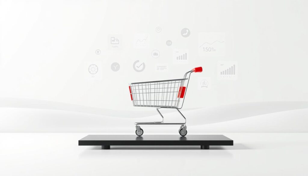A modern and minimalist shopping strategy optimization illustration. In the foreground, a digital shopping cart hovers above a sleek black surface, its contents optimized for maximum efficiency. The middle ground features a series of floating price tags, icons, and analytical charts, guiding the viewer through the process of strategic purchasing. The background is a soft, gradient-filled landscape, providing a clean and focused environment for the key visual elements. Lighting is crisp and directional, casting subtle shadows and highlights to enhance the sense of depth and professionalism. The overall mood is one of clarity, productivity, and a data-driven approach to modern consumer habits.