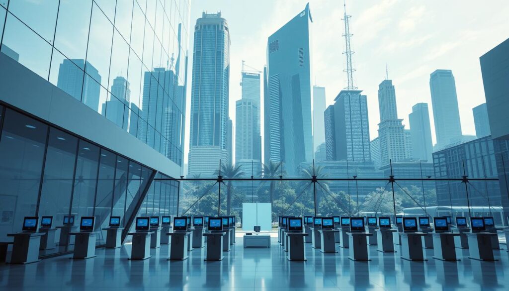 A modern, minimalist banking center with a focus on efficiency and cost-saving. A sleek, glass-walled building stands in the foreground, its clean lines and angular design conveying a sense of technological sophistication. Inside, rows of virtual teller stations are arranged in a spacious, well-lit interior, with a central atrium that allows natural light to flood the space. In the background, a cityscape of towering skyscrapers and futuristic infrastructure hints at the rapid digital transformation of the banking industry. The overall atmosphere is one of streamlined, AI-driven banking, perfectly suited to illustrate the future of branchless, virtual banking.